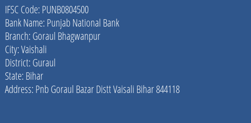 Punjab National Bank Goraul Bhagwanpur Branch Guraul IFSC Code PUNB0804500