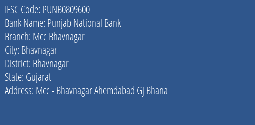 Punjab National Bank Mcc Bhavnagar Branch Bhavnagar IFSC Code PUNB0809600