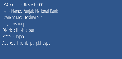 Punjab National Bank Mcc Hoshiarpur Branch Hoshiarpur IFSC Code PUNB0810000