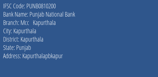 Punjab National Bank Mcc Kapurthala Branch Kapurthala IFSC Code PUNB0810200