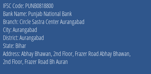 Punjab National Bank Circle Sastra Center Aurangabad Branch Aurangabad IFSC Code PUNB0818800