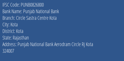 Punjab National Bank Circle Sastra Centre Kota Branch Kota IFSC Code PUNB0826800