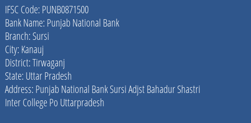 Punjab National Bank Sursi Branch, Branch Code 871500 & IFSC Code Punb0871500