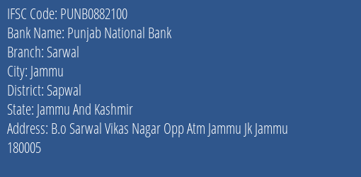 Punjab National Bank Sarwal Branch Sapwal IFSC Code PUNB0882100