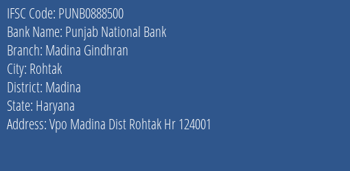 Punjab National Bank Madina Gindhran Branch Madina IFSC Code PUNB0888500