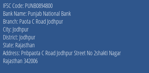 Punjab National Bank Paota C Road Jodhpur Branch Jodhpur IFSC Code PUNB0894800