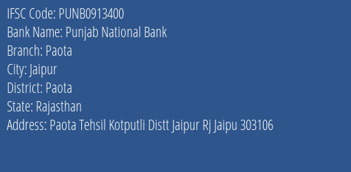 Punjab National Bank Paota Branch Paota IFSC Code PUNB0913400