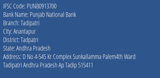 Punjab National Bank Tadipatri Branch Tadpatri IFSC Code PUNB0913700