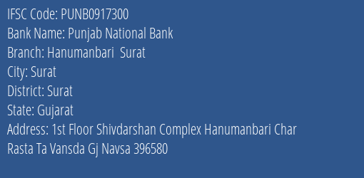 Punjab National Bank Hanumanbari Surat Branch Surat IFSC Code PUNB0917300