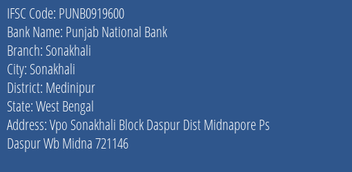 Punjab National Bank Sonakhali Branch Medinipur IFSC Code PUNB0919600