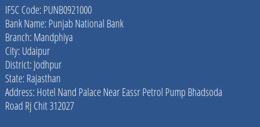 Punjab National Bank Mandphiya Branch Jodhpur IFSC Code PUNB0921000