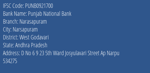 Punjab National Bank Narasapuram Branch West Godavari IFSC Code PUNB0921700