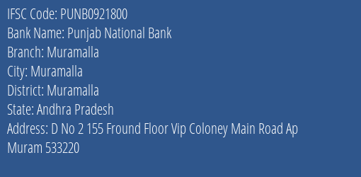 Punjab National Bank Muramalla Branch Muramalla IFSC Code PUNB0921800