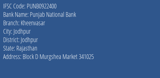Punjab National Bank Kheenvasar Branch Jodhpur IFSC Code PUNB0922400