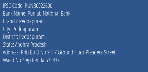 Punjab National Bank Peddapuram Branch Peddapuram IFSC Code PUNB0922600