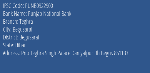 Punjab National Bank Teghra Branch Begusarai IFSC Code PUNB0922900