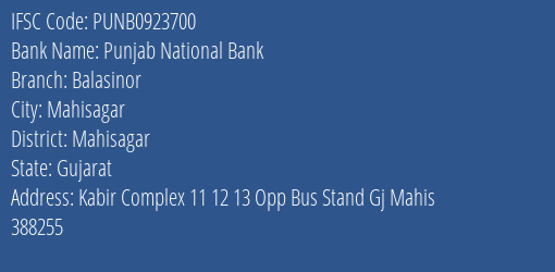Punjab National Bank Balasinor Branch Mahisagar IFSC Code PUNB0923700
