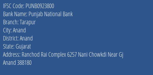 Punjab National Bank Tarapur Branch Anand IFSC Code PUNB0923800