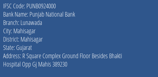 Punjab National Bank Lunawada Branch Mahisagar IFSC Code PUNB0924000