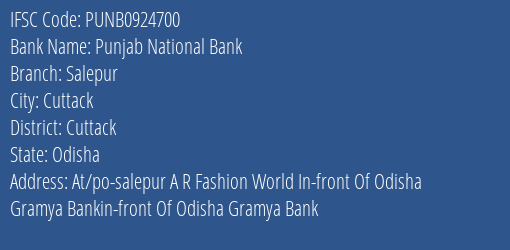 Punjab National Bank Salepur Branch Cuttack IFSC Code PUNB0924700