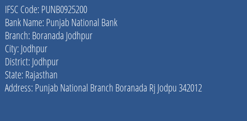 Punjab National Bank Boranada Jodhpur Branch Jodhpur IFSC Code PUNB0925200