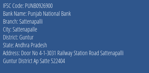 Punjab National Bank Sattenapalli Branch Guntur IFSC Code PUNB0926900