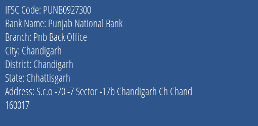 Punjab National Bank Pnb Back Office Branch Chandigarh IFSC Code PUNB0927300