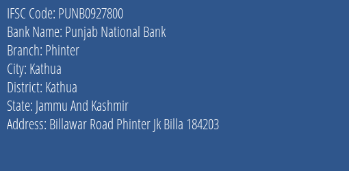 Punjab National Bank Phinter Branch Kathua IFSC Code PUNB0927800