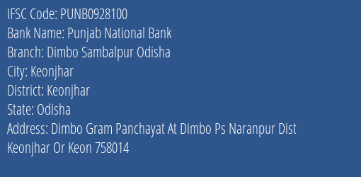 Punjab National Bank Dimbo Sambalpur Odisha Branch Keonjhar IFSC Code PUNB0928100