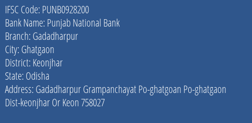Punjab National Bank Gadadharpur Branch Keonjhar IFSC Code PUNB0928200