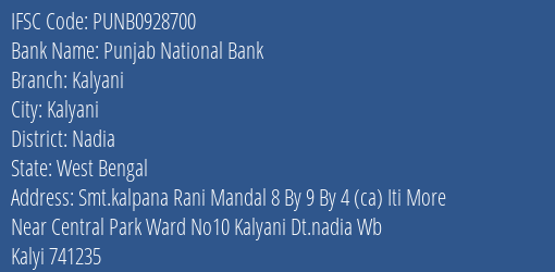 Punjab National Bank Kalyani Branch Nadia IFSC Code PUNB0928700