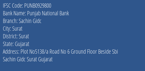 Punjab National Bank Sachin Gidc Branch Surat IFSC Code PUNB0929800