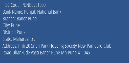 Punjab National Bank Baner Pune Branch, Branch Code 931000 & IFSC Code Punb0931000