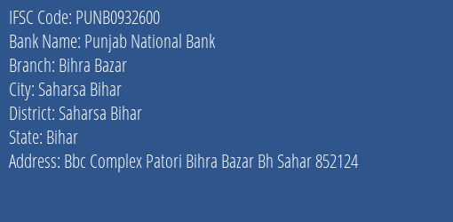 Punjab National Bank Bihra Bazar Branch Saharsa Bihar IFSC Code PUNB0932600