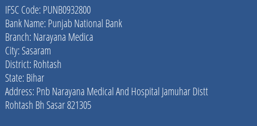 Punjab National Bank Narayana Medica Branch Rohtash IFSC Code PUNB0932800