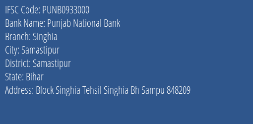 Punjab National Bank Singhia Branch Samastipur IFSC Code PUNB0933000