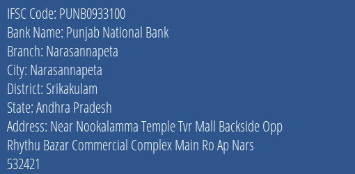 Punjab National Bank Narasannapeta Branch Srikakulam IFSC Code PUNB0933100