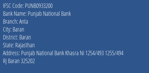 Punjab National Bank Anta Branch Baran IFSC Code PUNB0933200