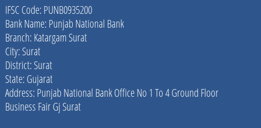 Punjab National Bank Katargam Surat Branch Surat IFSC Code PUNB0935200