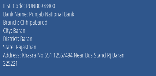 Punjab National Bank Chhipabarod Branch Baran IFSC Code PUNB0938400