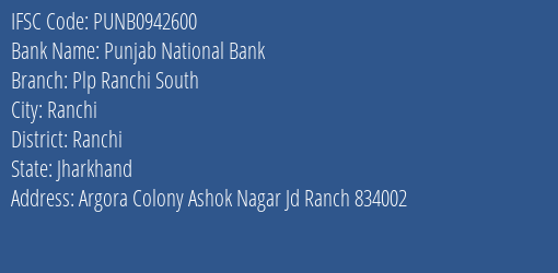 Punjab National Bank Plp Ranchi South Branch Ranchi IFSC Code PUNB0942600