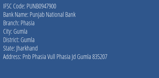 Punjab National Bank Phasia Branch Gumla IFSC Code PUNB0947900