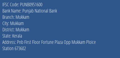 Punjab National Bank Mukkam Branch Mukkam IFSC Code PUNB0951600