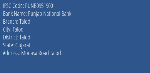 Punjab National Bank Talod Branch Talod IFSC Code PUNB0951900