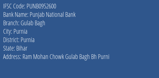 Punjab National Bank Gulab Bagh Branch Purnia IFSC Code PUNB0952600
