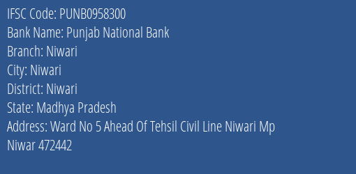 Punjab National Bank Niwari Branch Niwari IFSC Code PUNB0958300