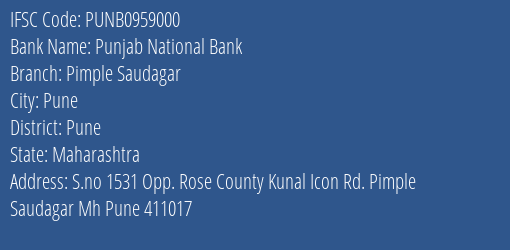 Punjab National Bank Pimple Saudagar Branch, Branch Code 959000 & IFSC Code Punb0959000