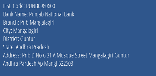 Punjab National Bank Pnb Mangalagiri Branch Guntur IFSC Code PUNB0960600