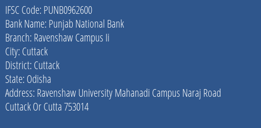 Punjab National Bank Ravenshaw Campus Ii Branch Cuttack IFSC Code PUNB0962600