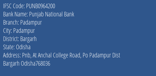 Punjab National Bank Padampur Branch Bargarh IFSC Code PUNB0964200
